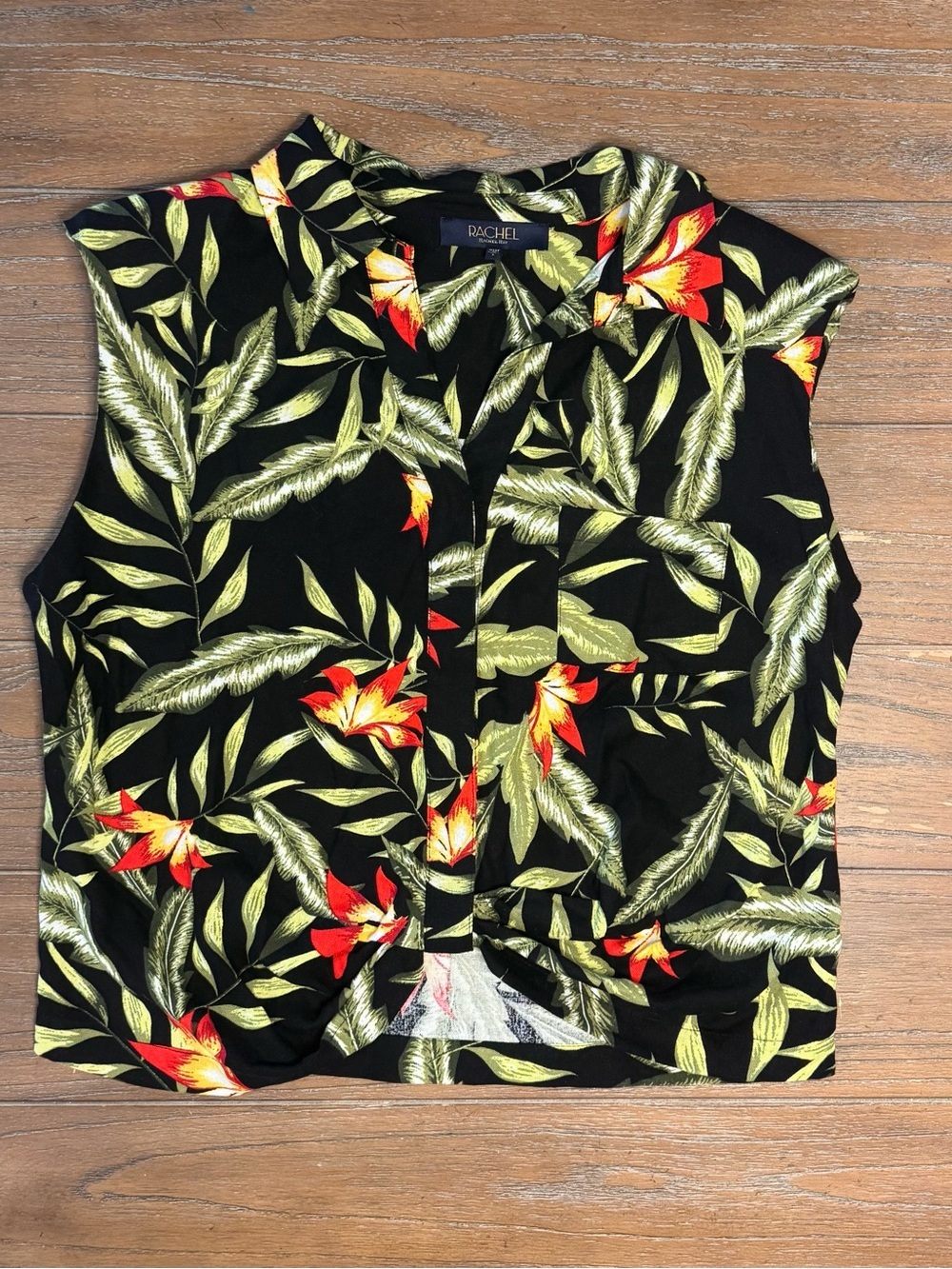 RACHEL Rachel Roy Black Tropical Floral Sleeveless Blouse with Red & Green #41